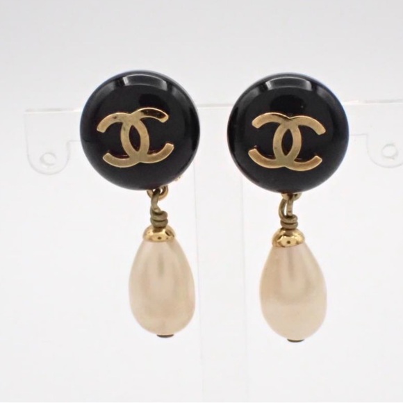 CHANEL Black and Gold Drop Earrings
